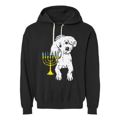 Jewish Poodle Dog Menorah Hanukkah Pajamas Chanukah PJs  Garment-Dyed Fleece Hoodie