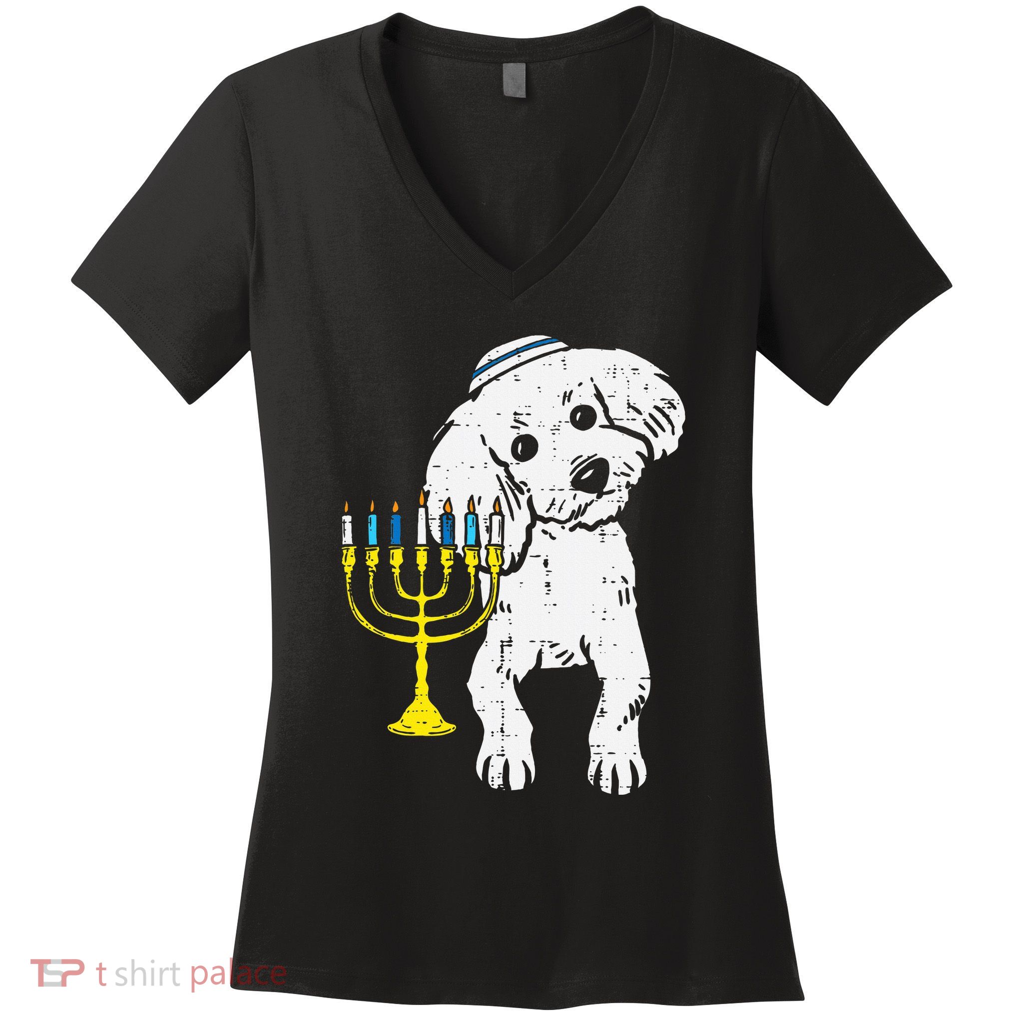 Jewish Poodle Dog Menorah Hanukkah Pajamas Chanukah PJs  Women's V-Neck T-Shirt
