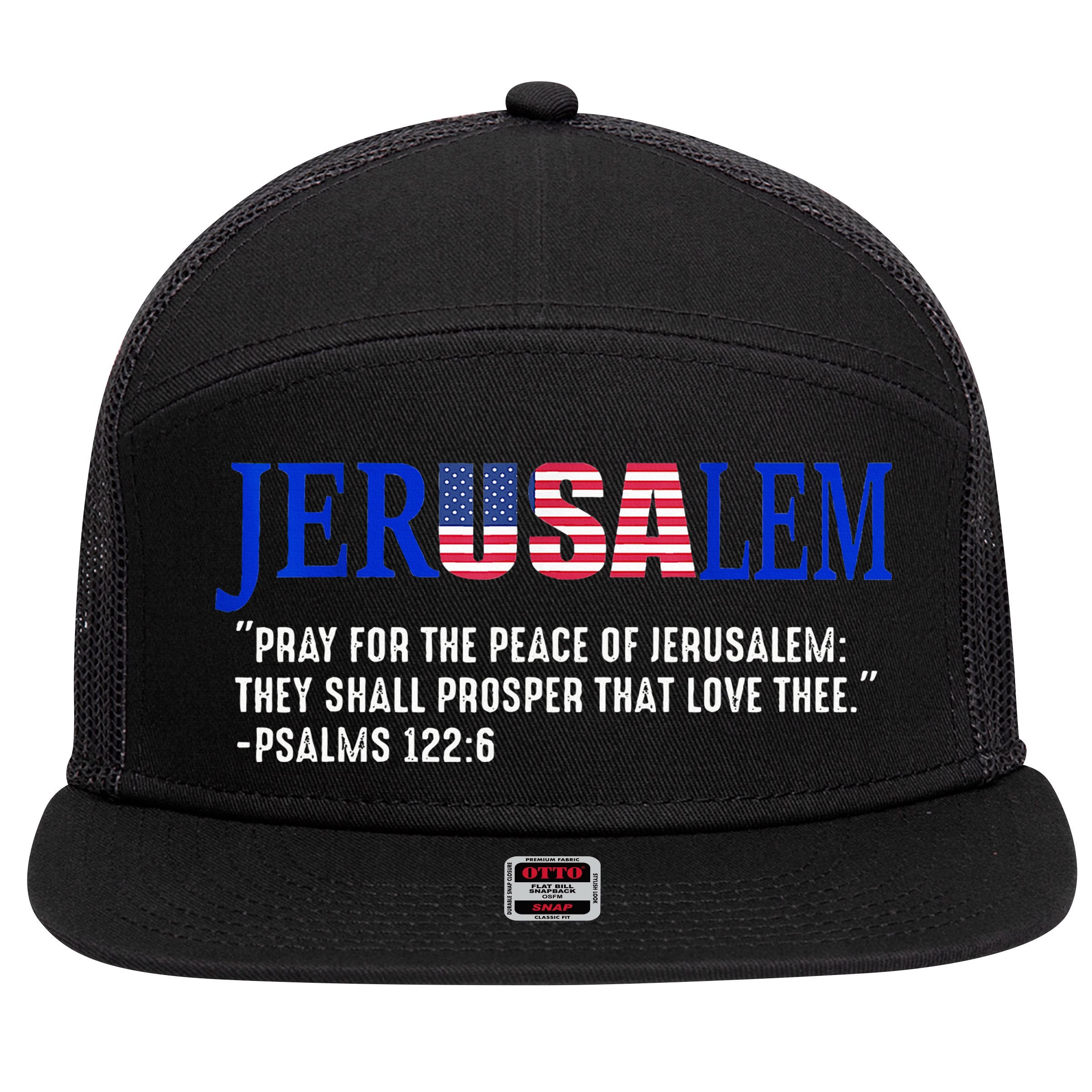 JERUSALEM Pray For the Peace Of Jerusalem US Israel Flag 7 Panel Mesh Trucker Snapback Hat