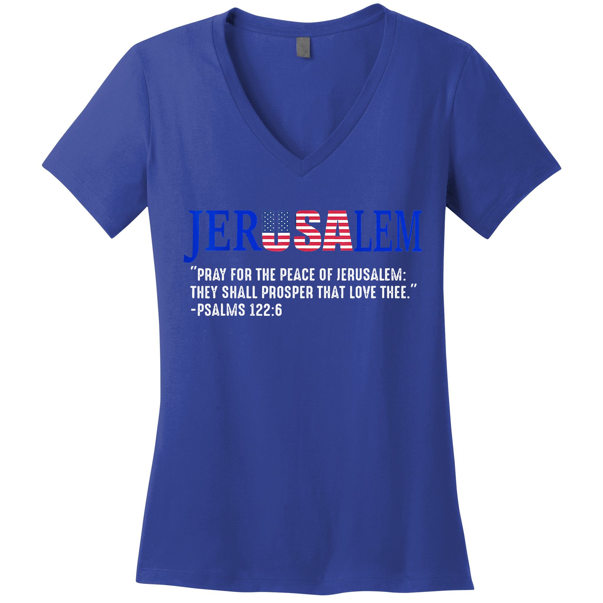 JERUSALEM Pray For the Peace Of Jerusalem US Israel Flag Women's V-Neck T-Shirt