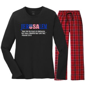 Jerusalem Pray For The Peace Of Jerusalem Us Israel Flag Women's Long Sleeve Flannel Pajama Set 