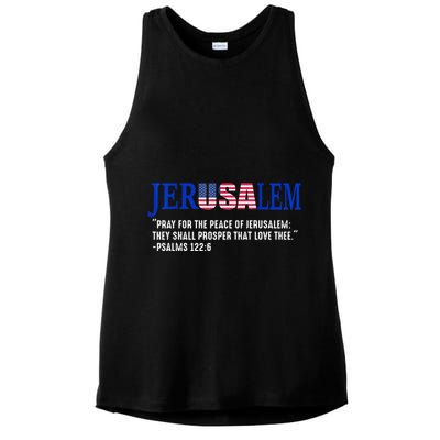 JERUSALEM Pray For the Peace Of Jerusalem US Israel Flag Ladies PosiCharge Tri-Blend Wicking Tank