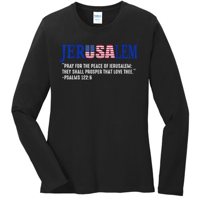 JERUSALEM Pray For the Peace Of Jerusalem US Israel Flag Ladies Long Sleeve Shirt