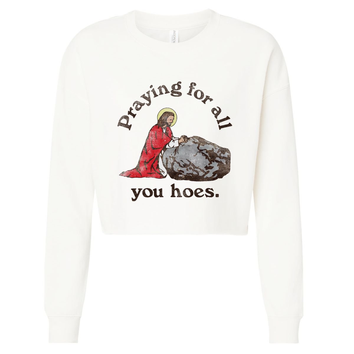 Jesus Praying For All You Hoes Humor Christian Cropped Pullover Crew
