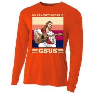 Jesus Playing Guitar Design My Favorite Chord Is Gsus Funny Gift Cooling Performance Long Sleeve Crew