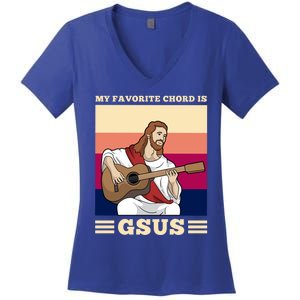 Jesus Playing Guitar Design My Favorite Chord Is Gsus Funny Gift Women's V-Neck T-Shirt