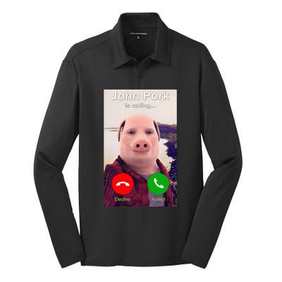 John Pork Is Calling Funny John Pork Meme Silk Touch Performance Long Sleeve Polo