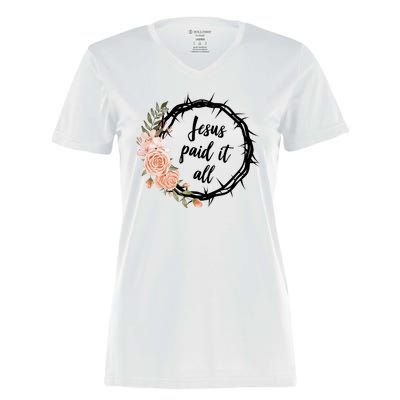 Jesus Paid It All Floral Crown Christian Women's Momentum V-Neck T-Shirt