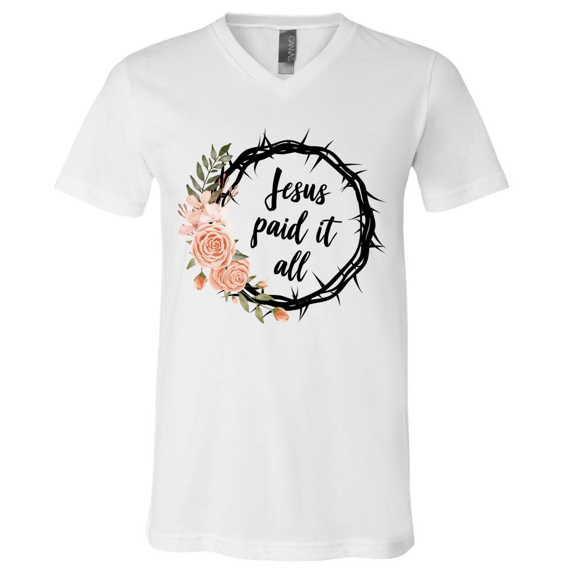 Jesus Paid It All Floral Crown Christian V-Neck T-Shirt