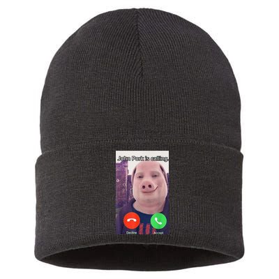 John Pork Is Calling Funny Answer Call Phone Sustainable Knit Beanie