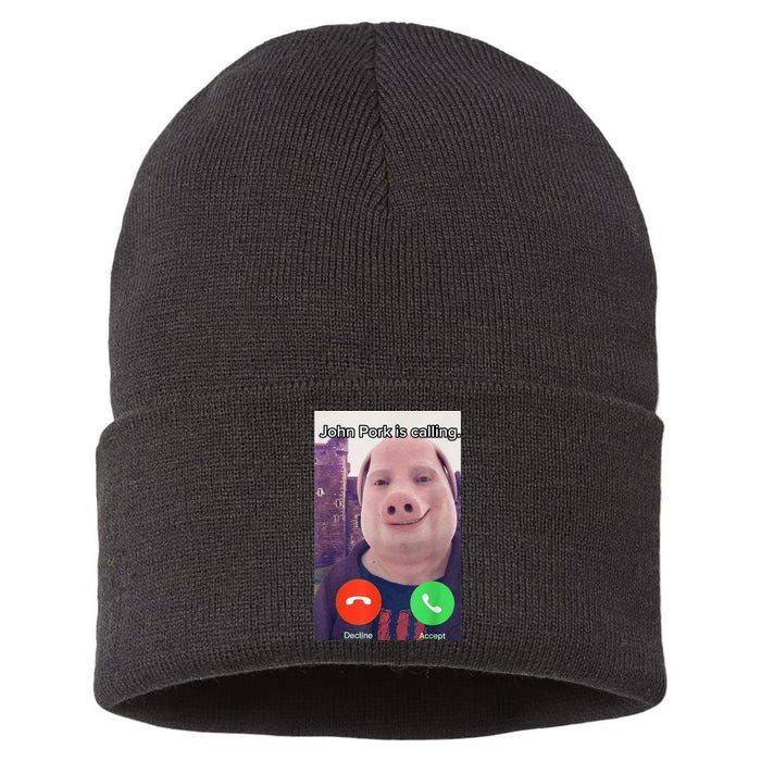 John Pork Is Calling Funny Answer Call Phone Sustainable Knit Beanie
