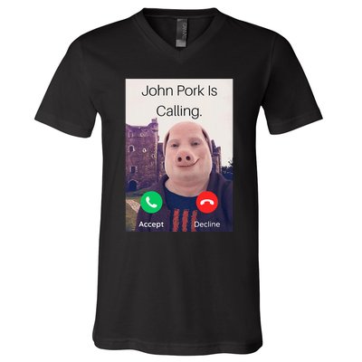 John Pork Is Calling Fuuny Answer Call Phone V-Neck T-Shirt