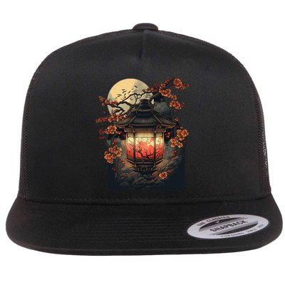 Japanese Pagoda Lantern Japan Art Sakura Blossom Zen Art Flat Bill Trucker Hat