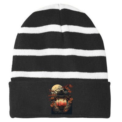 Japanese Pagoda Lantern Japan Art Sakura Blossom Zen Art Striped Beanie with Solid Band