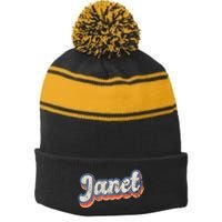 Janet Personalized Name Custom Lettering 70S Stripe Pom Pom Beanie