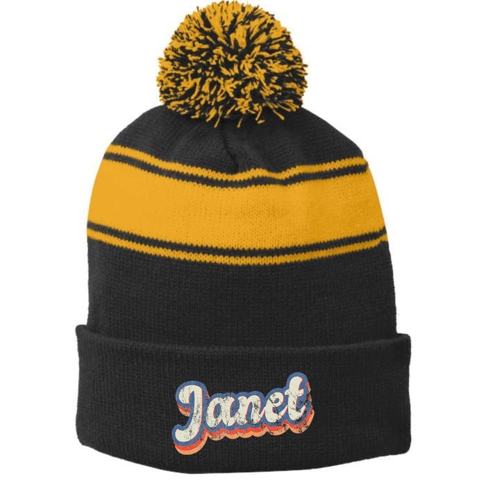 Janet Personalized Name Custom Lettering 70S Stripe Pom Pom Beanie