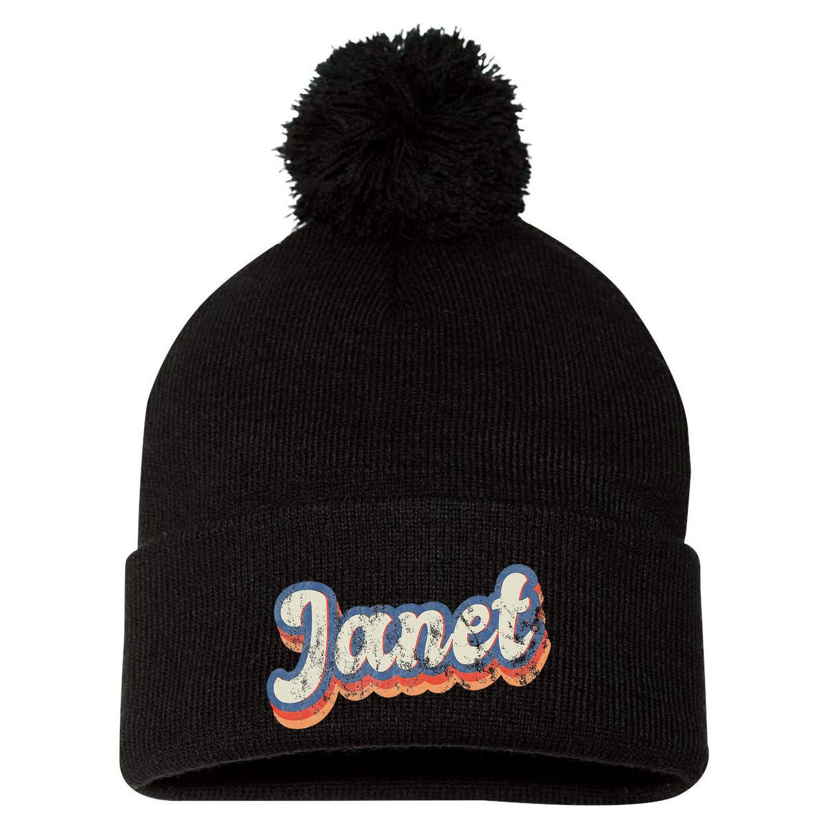 Janet Personalized Name Custom Lettering 70S Pom Pom 12in Knit Beanie