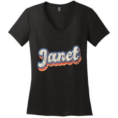 Janet Personalized Name Custom Lettering 70S Women's V-Neck T-Shirt