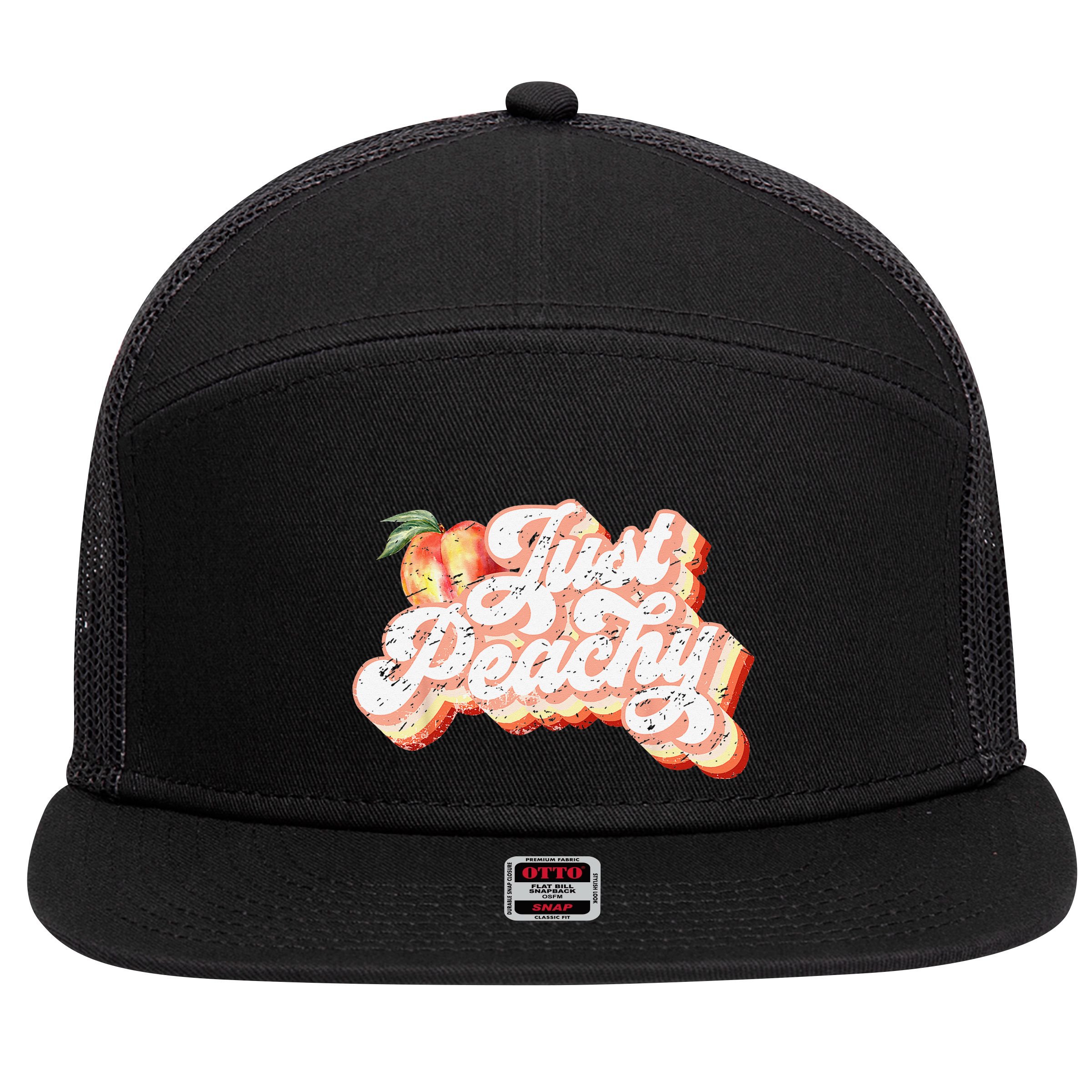 Just Peachy Retro 70s Georgia Peaches Summer Fruit 7 Panel Mesh Trucker Snapback Hat
