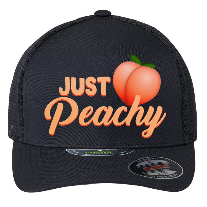 Just Peachy Retro 70s Georgia Summer Fruit Hippie Peaches Flexfit Unipanel Trucker Cap