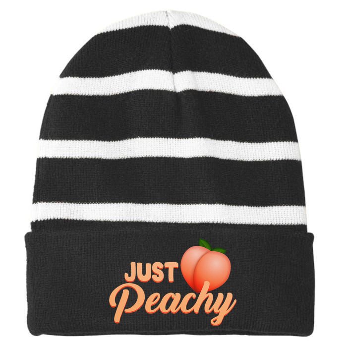 Just Peachy Retro 70s Georgia Summer Fruit Hippie Peaches Striped Beanie with Solid Band