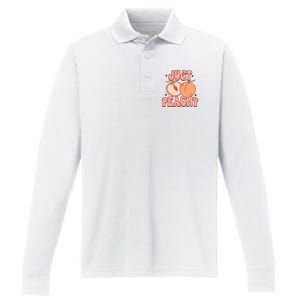 Just Peachy Retro 70s Georgia Peaches Summer Fruit Performance Long Sleeve Polo