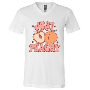 Just Peachy Retro 70s Georgia Peaches Summer Fruit V-Neck T-Shirt