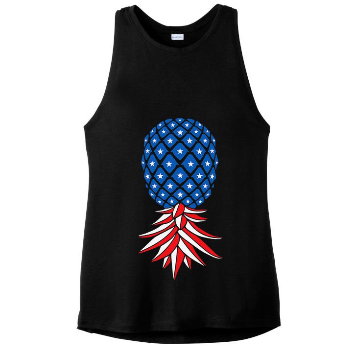 July Patriotic Red White Blue Upside Down Pineapple Swinger Ladies PosiCharge Tri-Blend Wicking Tank