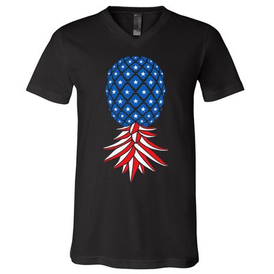 July Patriotic Red White Blue Upside Down Pineapple Swinger V-Neck T-Shirt