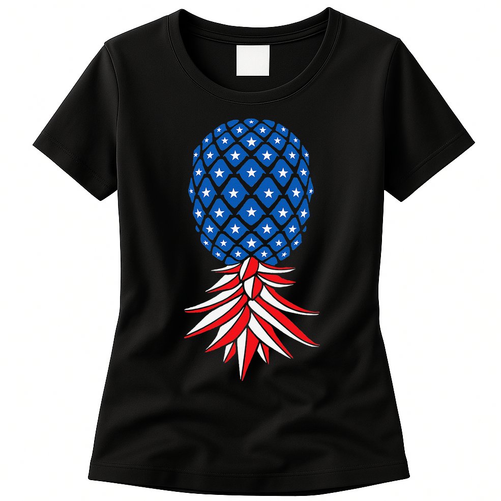 July Patriotic Red White Blue Upside Down Pineapple Swinger Womens T-Shirt