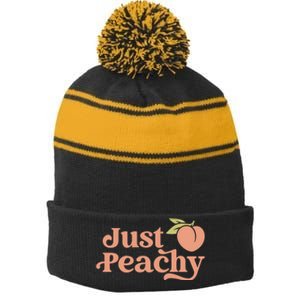 Just Peachy Retro 70s Georgia Peaches Summer Fruit Stripe Pom Pom Beanie