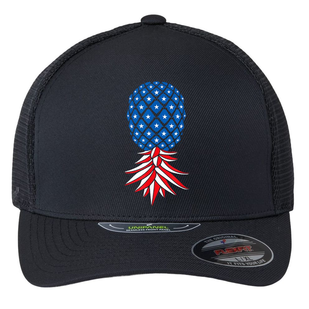 July Patriotic Red White Blue Upside Down Pineapple Swinger Flexfit Unipanel Trucker Cap
