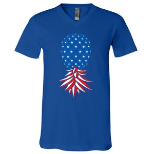 July Patriotic Red White Blue Upside Down Pineapple Swinger V-Neck T-Shirt