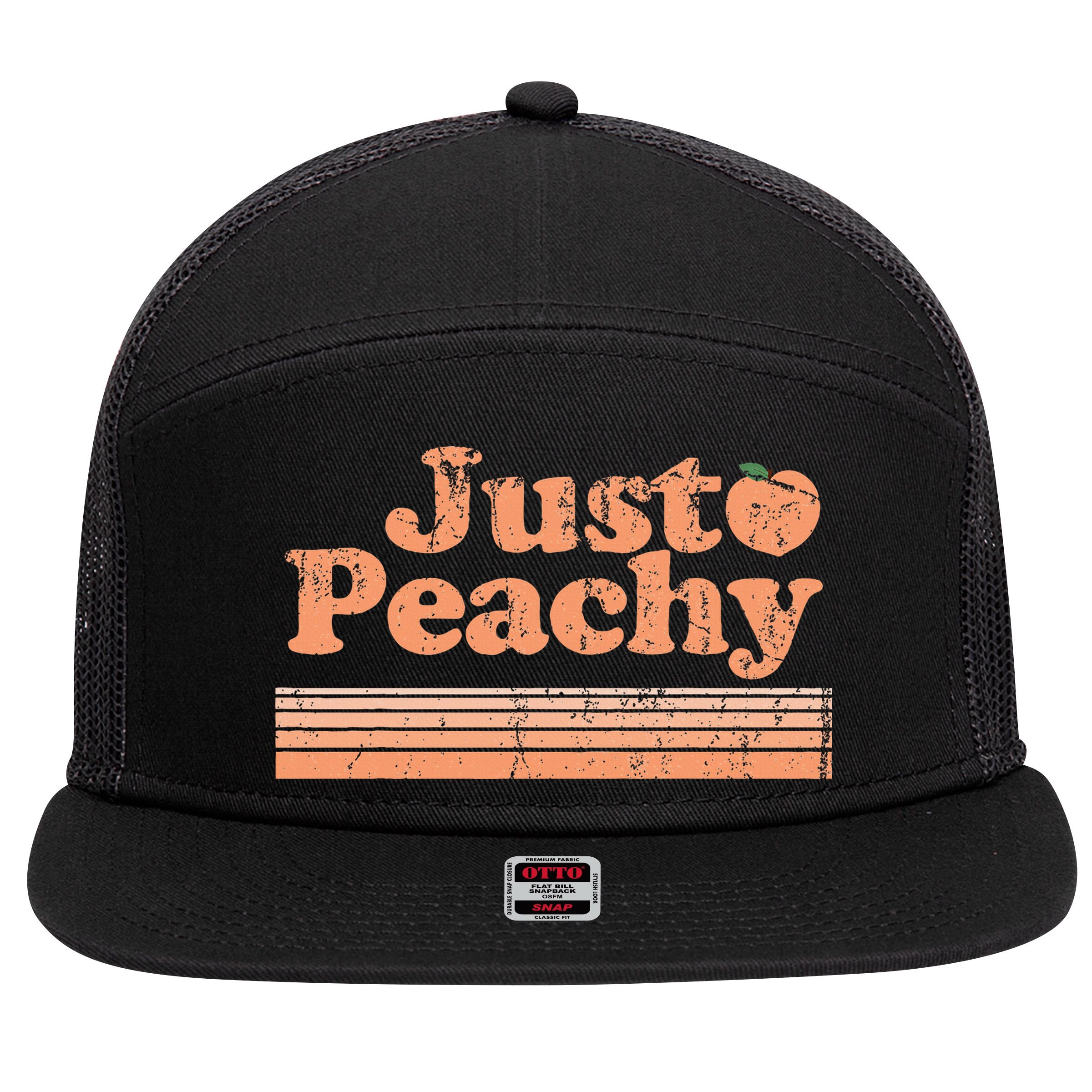 Just Peachy Retro 70s Georgia Peaches Summer Fruit 7 Panel Mesh Trucker Snapback Hat