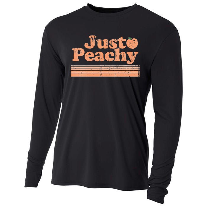 Just Peachy Retro 70s Georgia Peaches Summer Fruit Vneck Cooling Performance Long Sleeve Crew