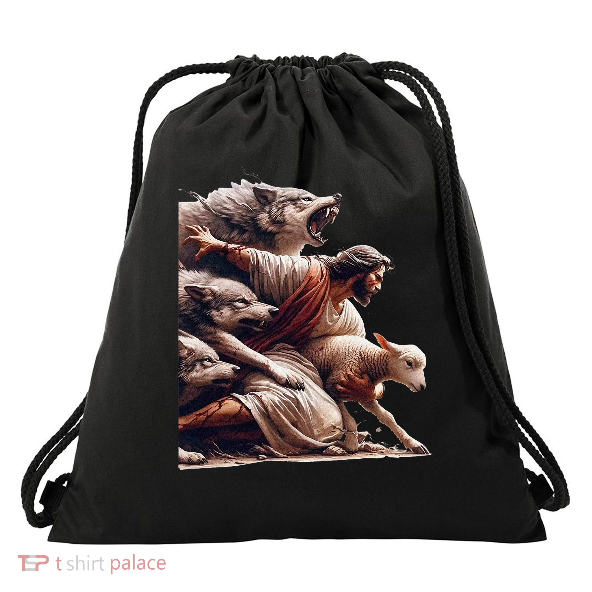 Jesus Protects The Lamb From Wolves - Christian God Jesus Drawstring Bag