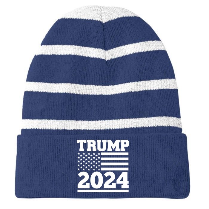 Jumbo Print Trump 2024 Usa Flag Striped Beanie with Solid Band