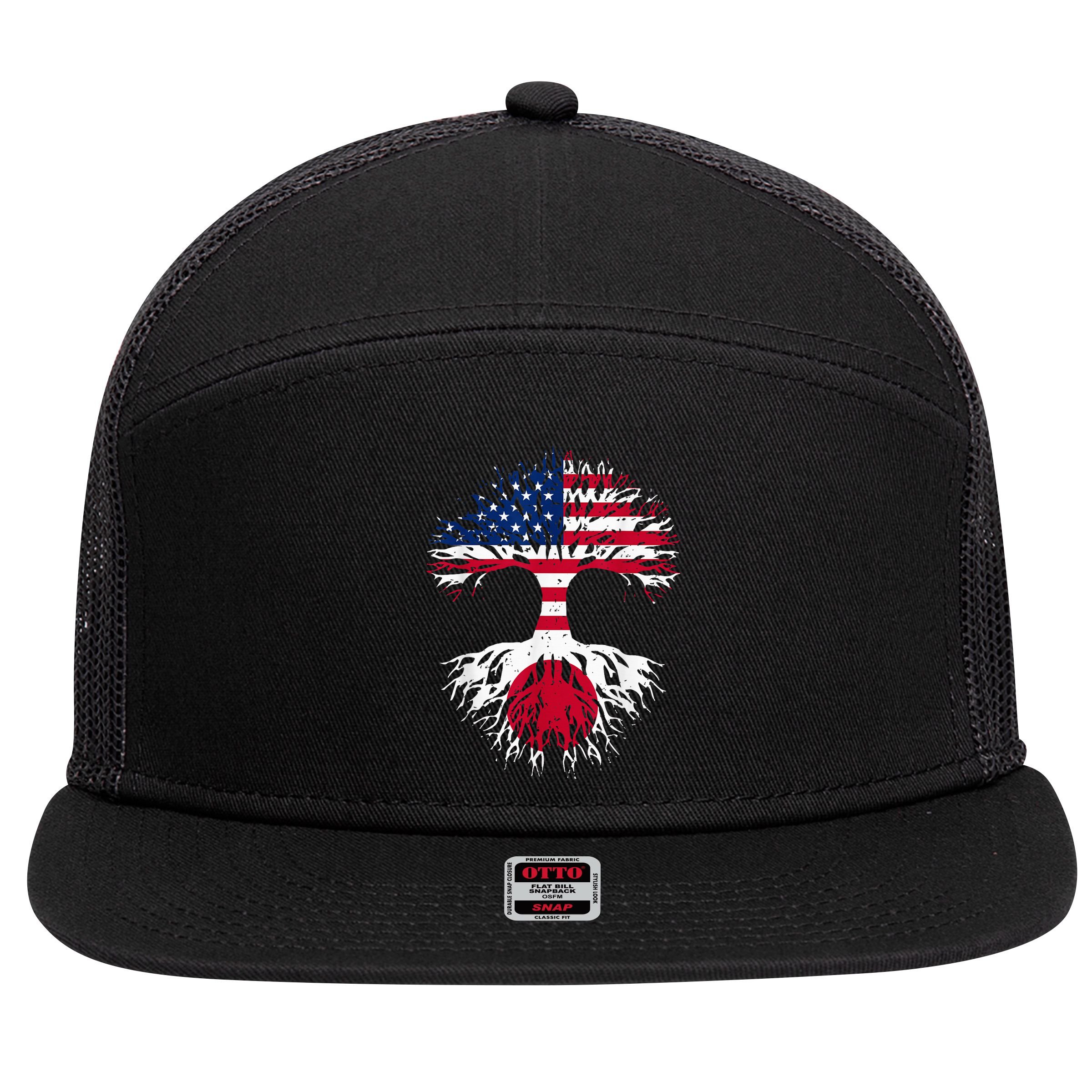 Japanese Roots American Grown Tree USA Flag Funny Japan Flag 7 Panel Mesh Trucker Snapback Hat