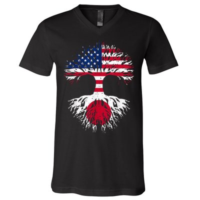 Japanese Roots American Grown Tree USA Flag Funny Japan Flag V-Neck T-Shirt