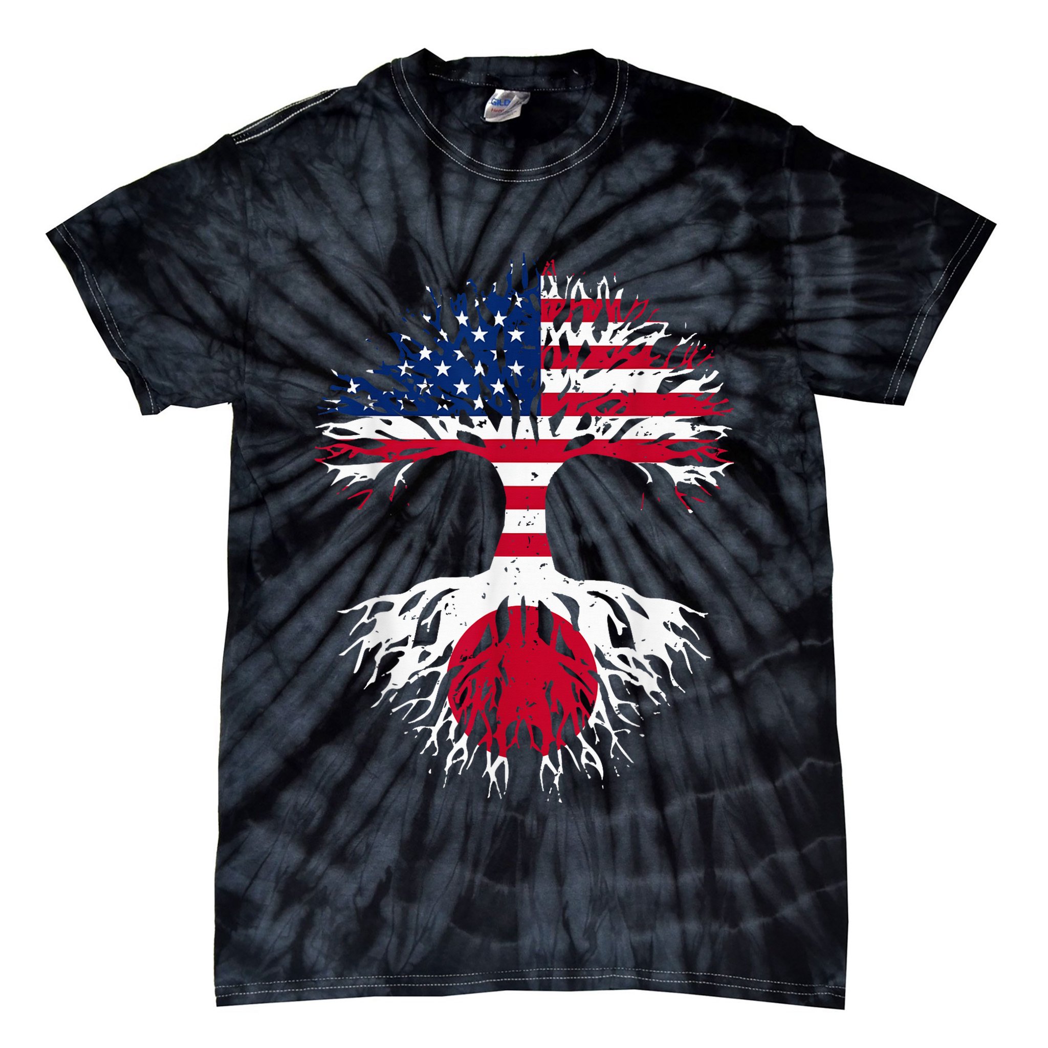 Japanese Roots American Grown Tree USA Flag Funny Japan Flag Tie-Dye T-Shirt