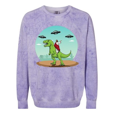 Jesus Riding A Dinosaur Funny Bigfoot UFO Alien Abduction Colorblast Crewneck Sweatshirt