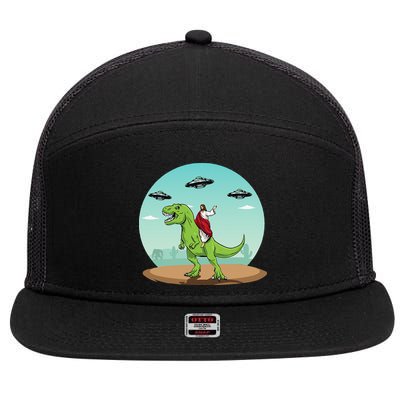 Jesus Riding A Dinosaur Funny Bigfoot UFO Alien Abduction 7 Panel Mesh Trucker Snapback Hat