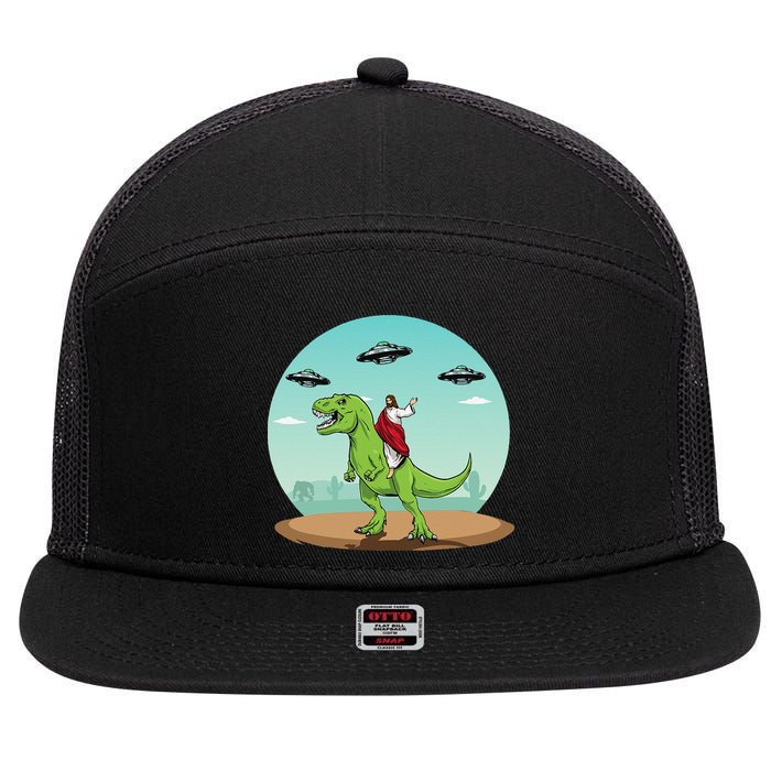 Jesus Riding A Dinosaur Funny Bigfoot UFO Alien Abduction 7 Panel Mesh Trucker Snapback Hat