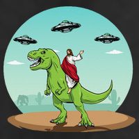 Jesus Riding A Dinosaur Funny Bigfoot UFO Alien Abduction 7 Panel Mesh Trucker Snapback Hat