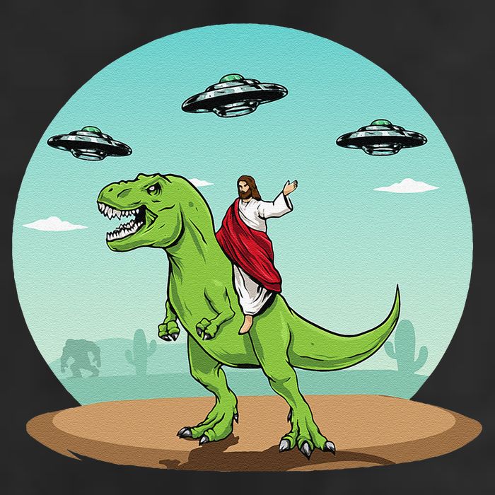 Jesus Riding A Dinosaur Funny Bigfoot UFO Alien Abduction 7 Panel Mesh Trucker Snapback Hat