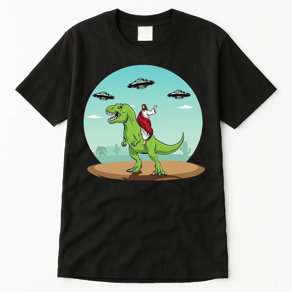 Jesus Riding A Dinosaur Funny Bigfoot UFO Alien Abduction Tall T-Shirt