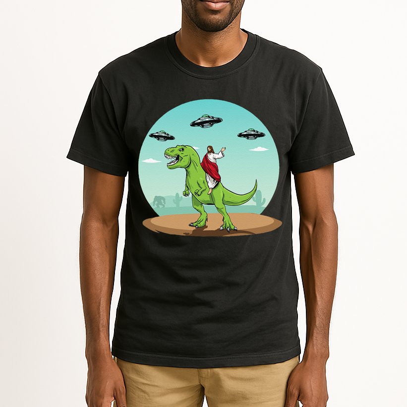 Jesus Riding A Dinosaur Funny Bigfoot UFO Alien Abduction Tall T-Shirt