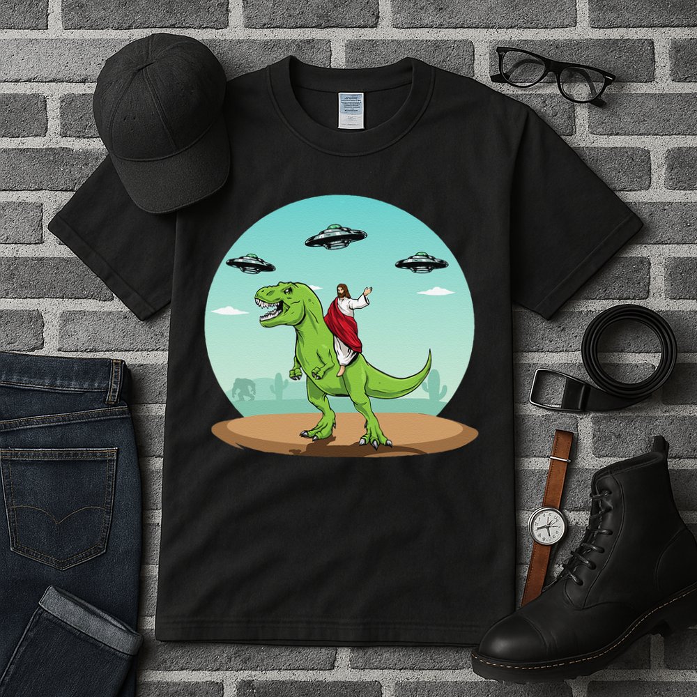 Jesus Riding A Dinosaur Funny Bigfoot UFO Alien Abduction Tall T-Shirt