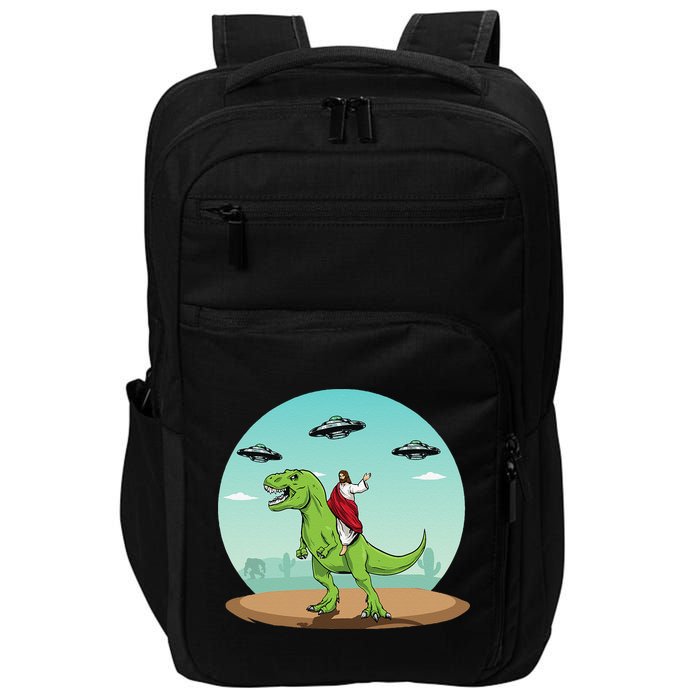 Jesus Riding A Dinosaur Funny Bigfoot UFO Alien Abduction Impact Tech Backpack