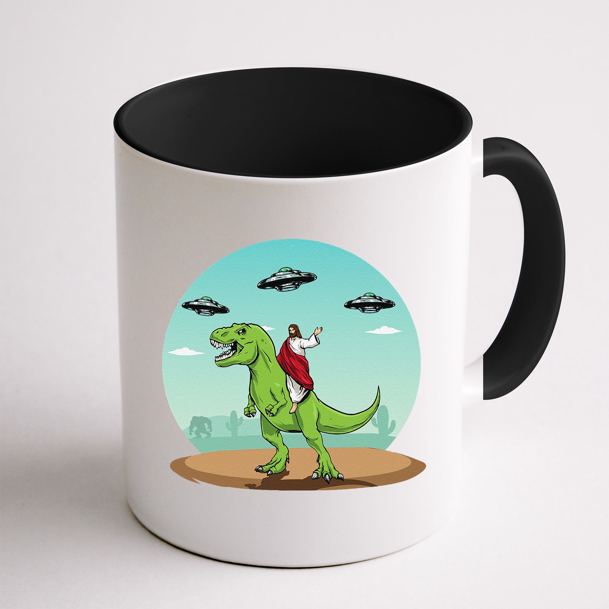 Jesus Riding A Dinosaur Funny Bigfoot UFO Alien Abduction Mug